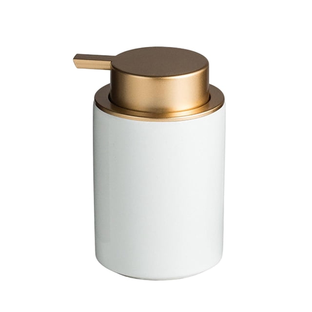 dispensador de jabón manual de 350 ml con bomba rellenable para jabón de manos y champú. blanco — vista frontal centrada de dispensador cilíndrico de cerámica blanca con tapa y dosificador metálico dorado; cuerpo liso, boca superior amplia, dimensiones 12.6 x 7.8 cm y capacidad 350 ml; uso en lavabo, cocina o baño, también adecuado para loción o champú.