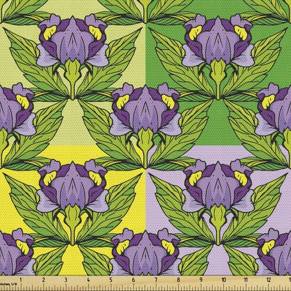 Floral Upholstery Fabric by the Yard, Continuous Theme of Blossom Ornaments Along Iris Flower Lilac Tones Illustration, Decorative Fabric for DIY and Home Accents, Multicolor by Ambesonne