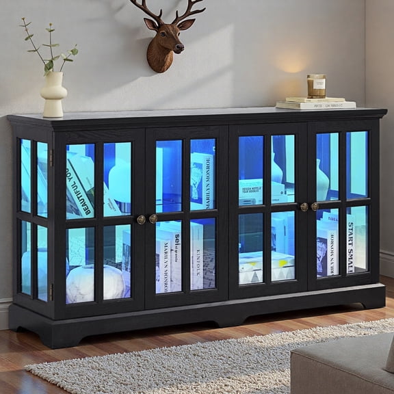 HIUU 59" W Black Curio Cabinets with Glass Doors,Vintage Glass Curio Cabinet Display Case with LED Lights,Lighted Display Case with 4 Doors and Adjustable Shelves