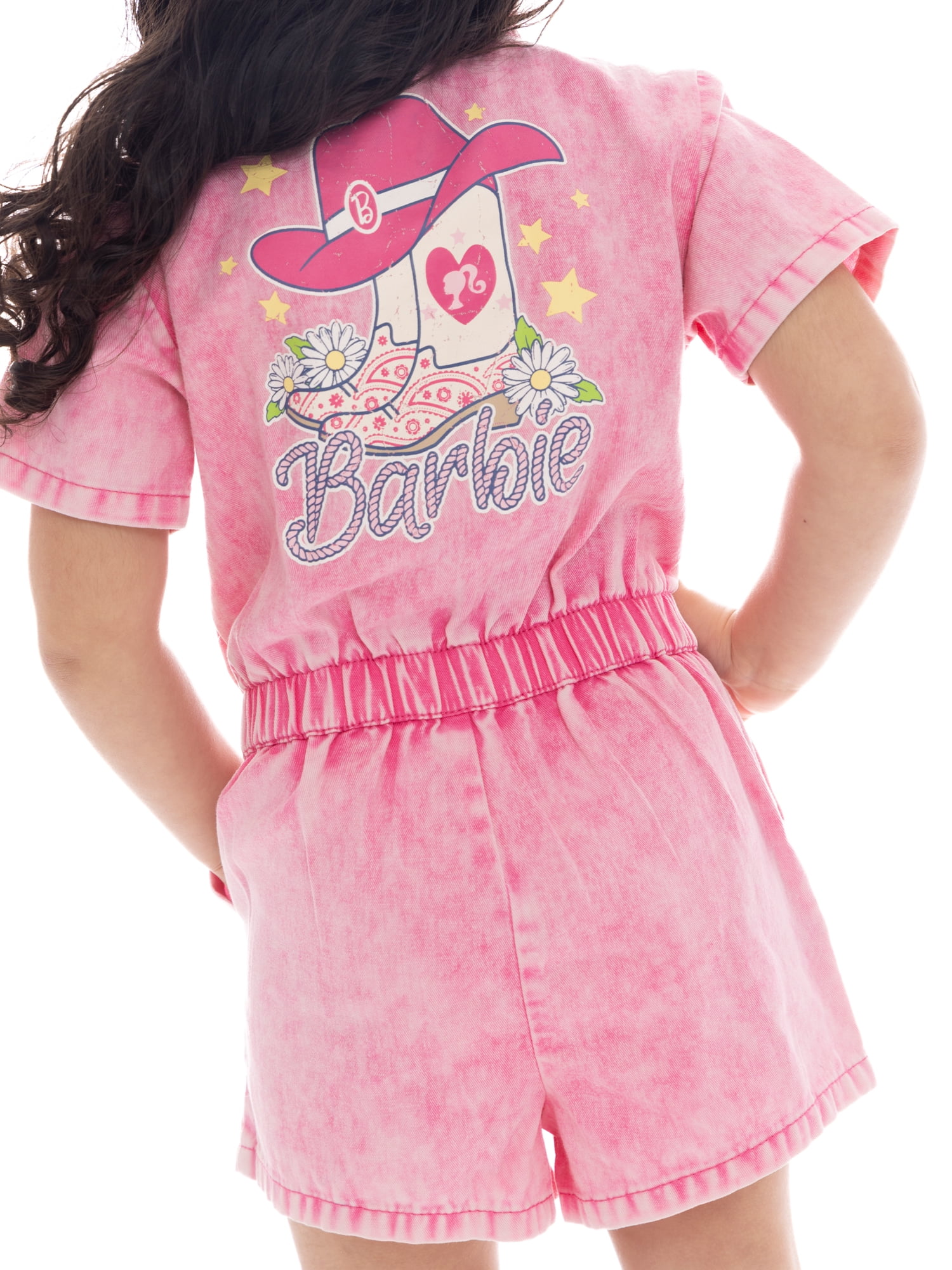 Barbie Toddler Girl Western Graphic Print Twill Romper with Short Sleeves, Sizes 12M-5T
