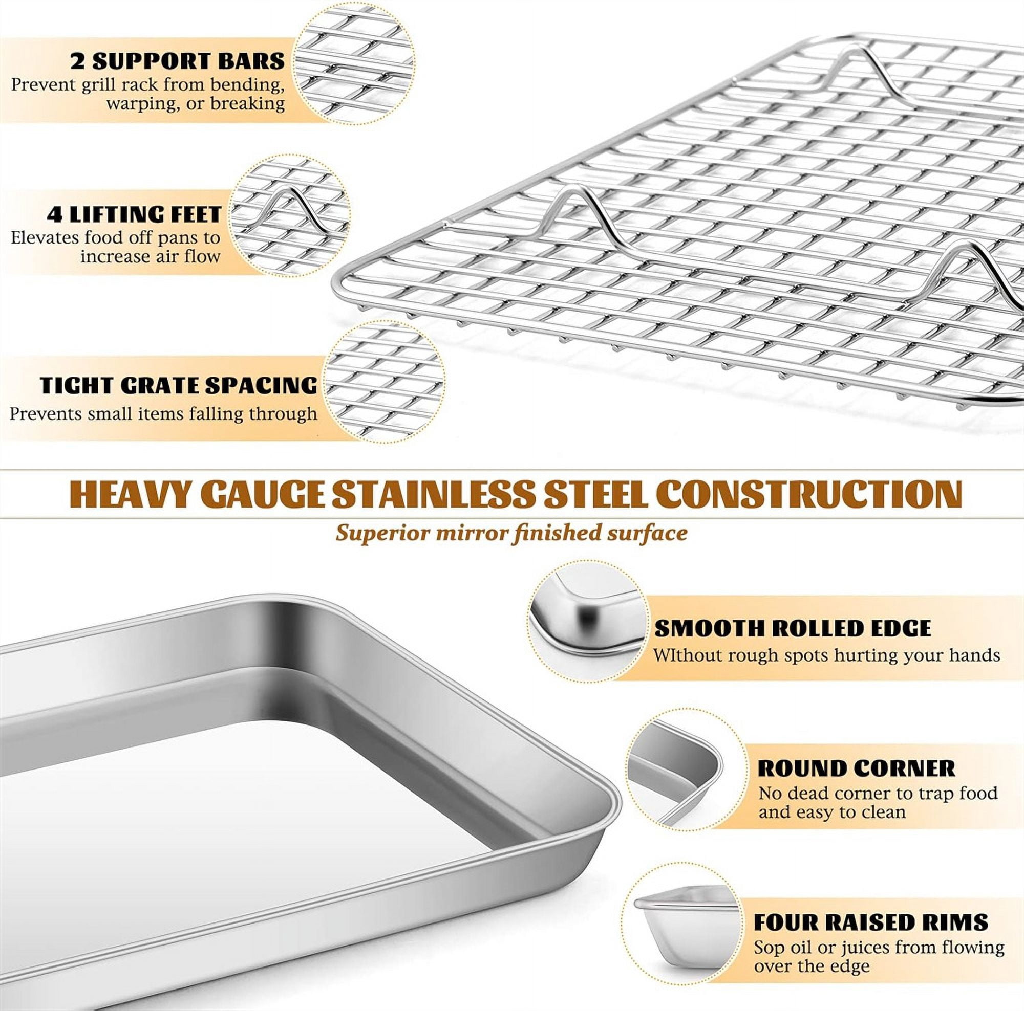 Small Baking Sheet with Rack Set [ Small Cookie Sheet + Small Baking Rack], NOGIS Stainless Steel Toaster Oven Pans and Grill Rack - Rust & Warp Resistant & Nonstick, 9.3 x 6.9 x 1 Inch