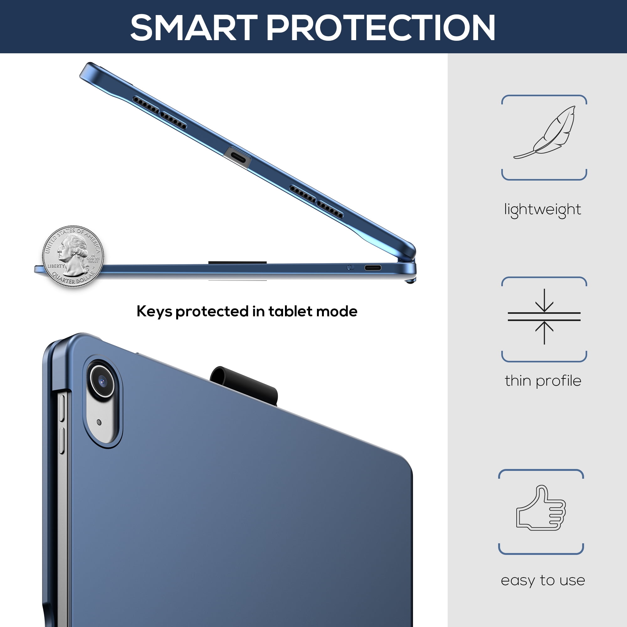 typecase Touch Case with Keyboard for iPad 11th(A16, 2025) & iPad 10th Gen(10.9", 2022), Trackpad, 11 Color Backlight, 360° Rotatable with Pencil Holder - Midnight Blue