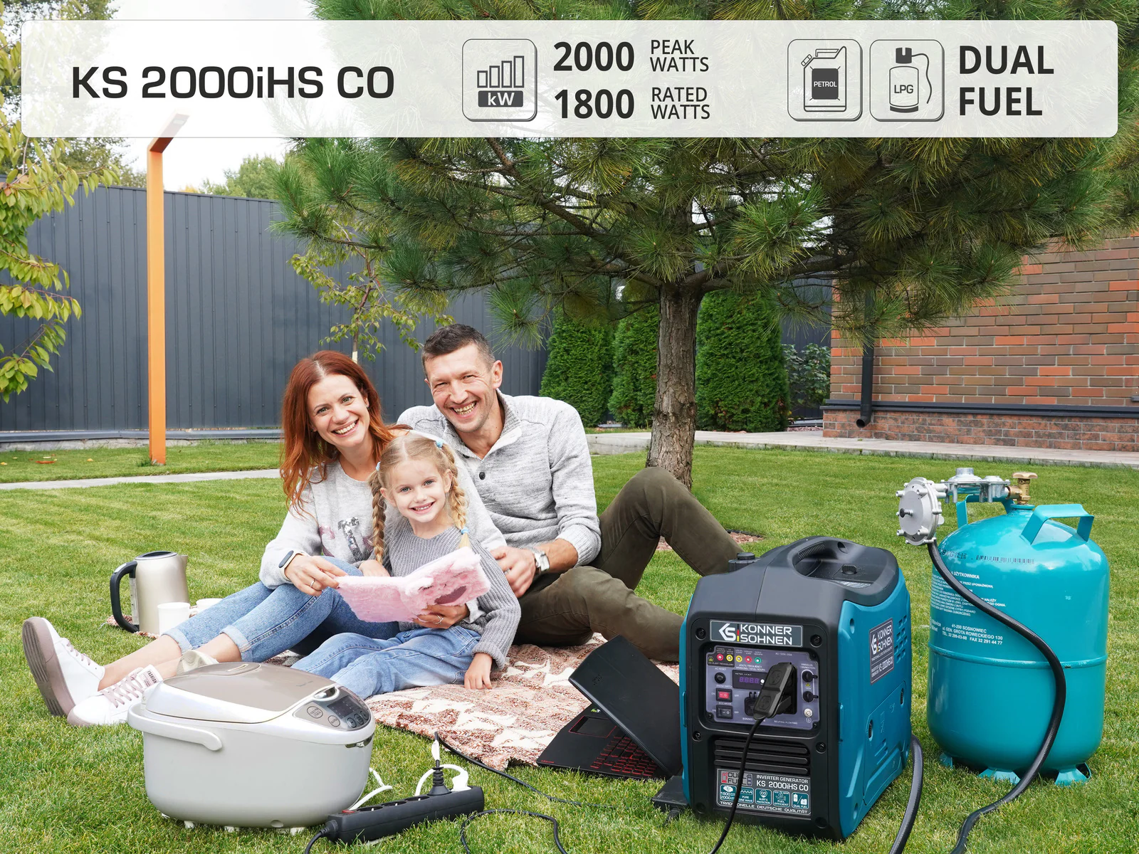 Konner & Sohnen 2000W Portable Inverter Generator Lightweight CO Sensor, Fuel-Efficient Technology, LPG/Gasoline for Camping Outdoor Home Backup
