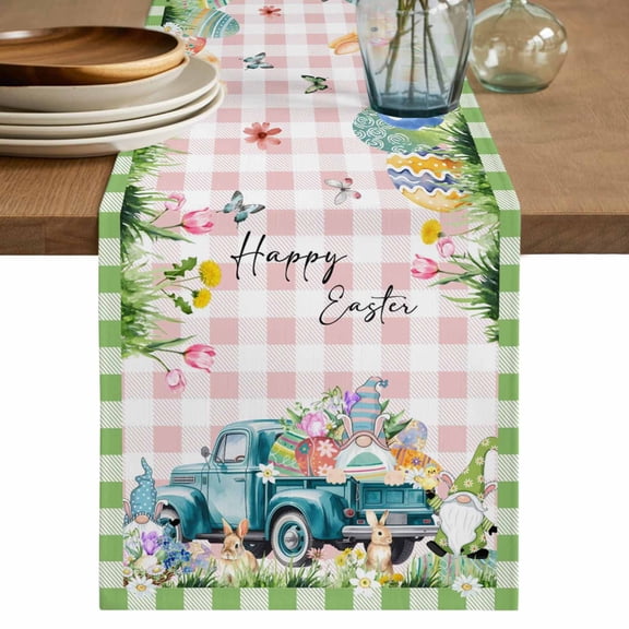 Table Runner 36 Inches Long for Kitchen Dining, Easter Dresser Scarf Farmhouse, Dining Table Decorations for Wedding/Parties, Green Pink Plaid Blue Truck Eggs Bunny Pastoral 13 x 36 In