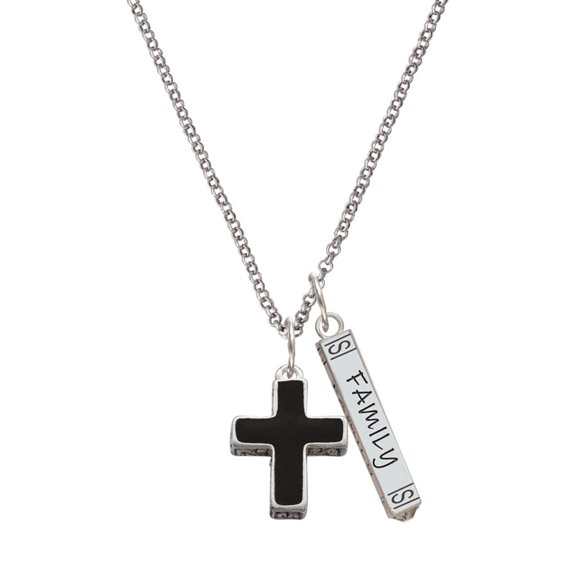 Delight Jewelry Silvertone Large Black Enamel Cross with Decorated Sides Silvertone Family Bar Charm Necklace, 23"