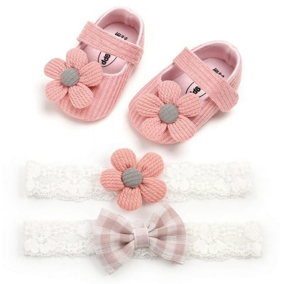 4PCS Infant Baby Girls Slippers Cozy Fleece Booties Soft Bottom Warm Cartoon Socks Newborn Crib Shoes with 2 Headbands