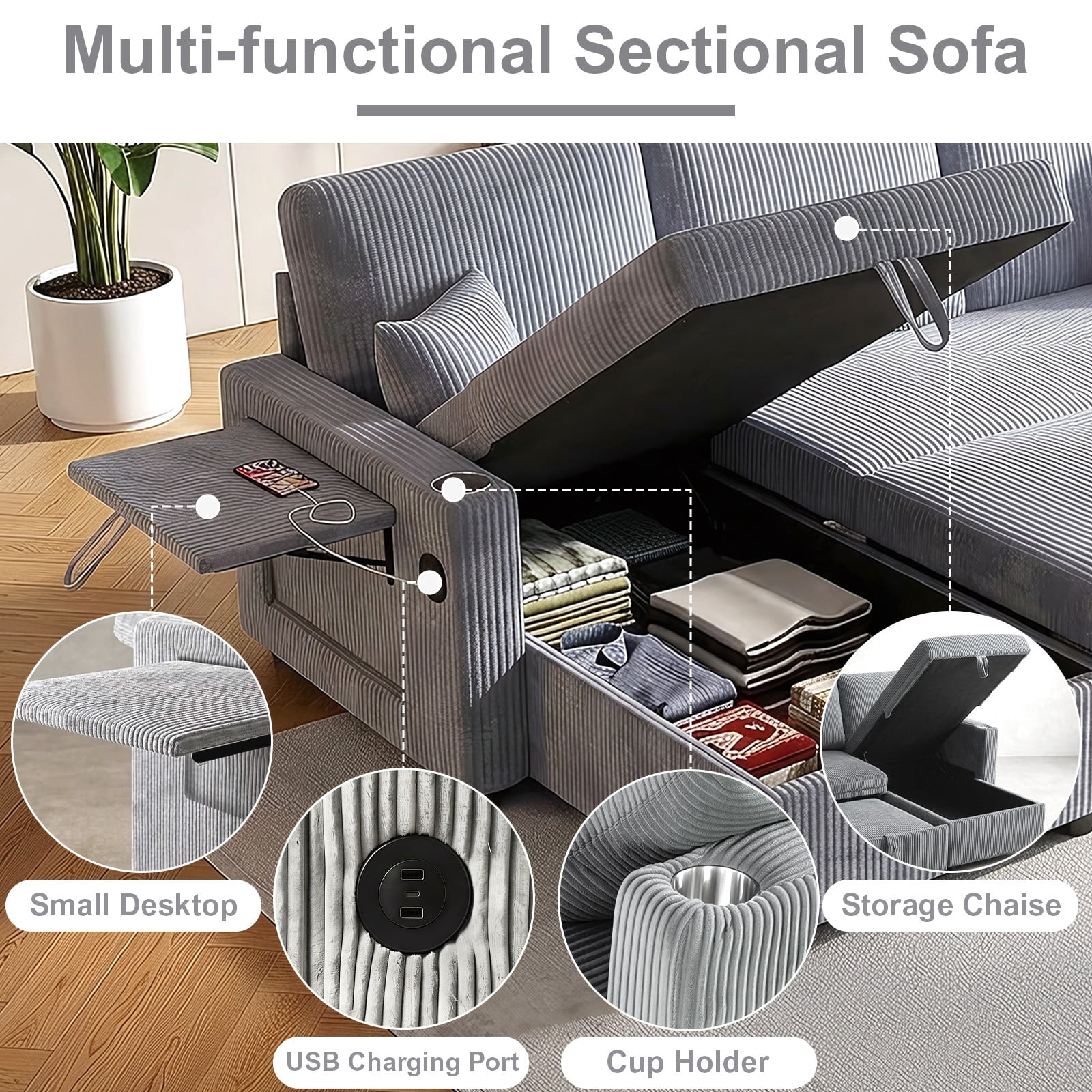 LLappuil Sectional Sofa, 84" Sectional Couch with Storage Chaise, Small Desktop, Cup Holders, Charging Port Convertible Sofa Bed, Corduroy Pull Out Sofa Bed for Living Room Gray