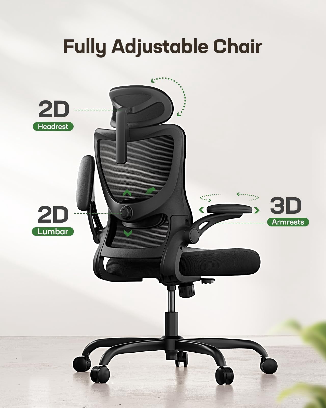 Ergonomic Office Chair: Desk Chair With High Back Mesh And Adjustable Lumbar Support Rolling Work Swivel Task Chairs Wheel 3d Armrests Headrest