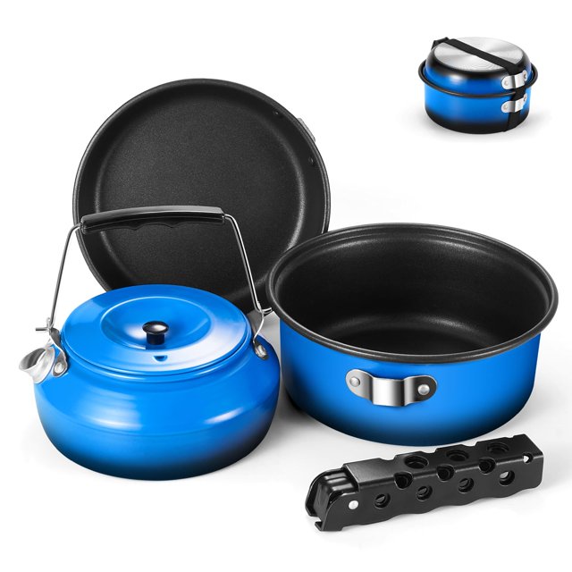Juego de utensilios de cocina para acampar Odoland, antiadherentes, 5 piezas, azul