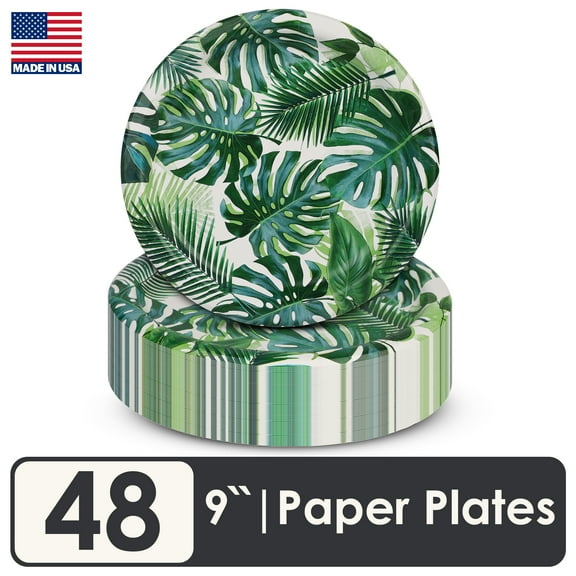 Talking Tables 48 x Tropical Paper Plates, Made in USA, 9 Inches Bulk Pack Palm Leaf Design Disposable Tableware Kid's Jungle Hawaiian Theme Party Decorations Summer Luau Green BBQ Birthday Cake