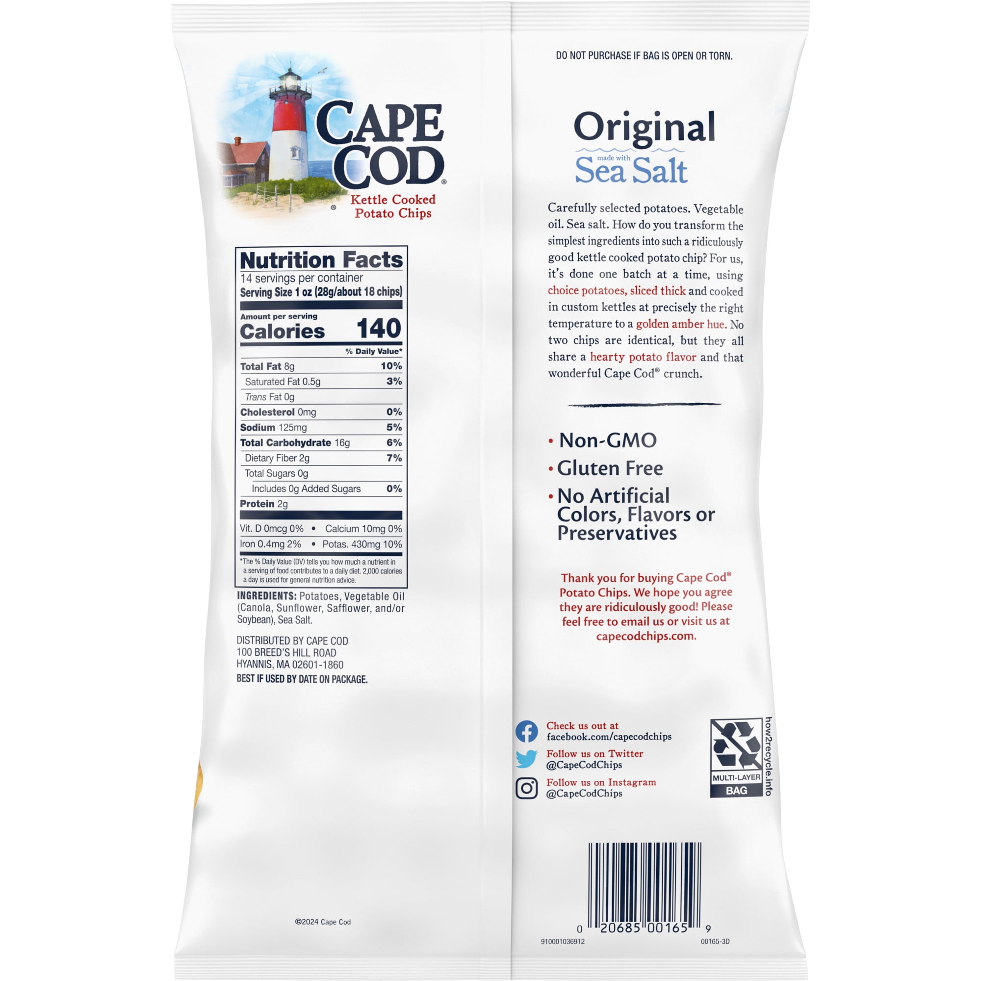 (3 pack) Cape Cod Potato Chips, Original Kettle Chips, 14 oz Party Size