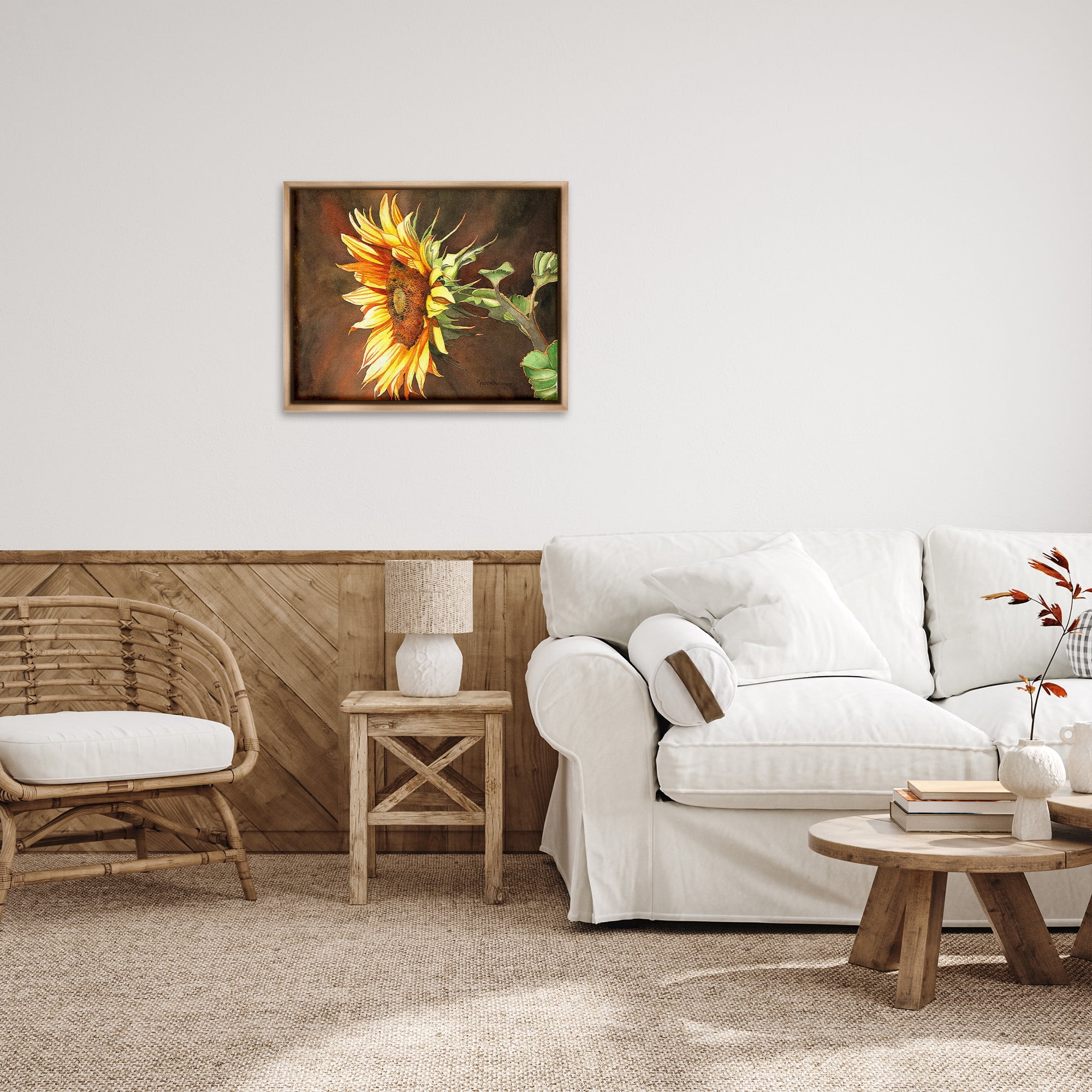Stupell Industries Sunflower with Vivid Light Botanical & Floral Painting Brown Floater Framed Canvas Art Print Wall Art, 31 x 25