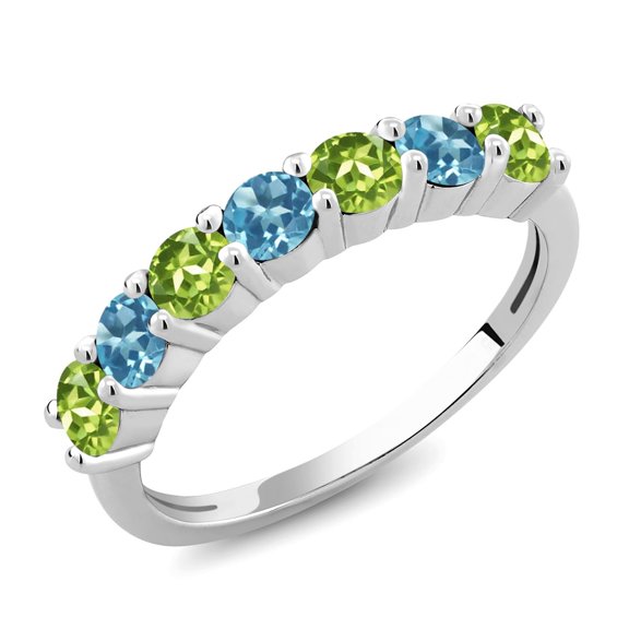 Gem Stone King 1.32 Cttw Round Green Peridot and Swiss Blue Topaz Anniversary Ring for Women | 925 Sterling Silver | Gemstone Birthstone (Size 6)