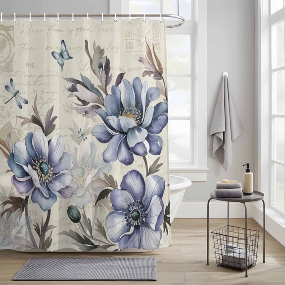 Bathroom Shower Curtain Country Blue Flower Farm Floral Plant Waterproof Shower Curtains with Hooks, Vintage Stamp Letter Bath Curtains Bathtub Curtain Home Decor 36x72in