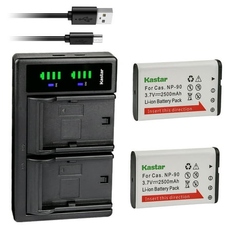 Image of Kastar 2-Pack CNP-90 Battery and LTD2 USB Charger Replacement for Casio NP-90 NP-90DBA Battery Casio BC-90L Charger Casio Exilim EX-FH100 Exilim EX-FH100BK Exilim EX-H10 Exilim EX-H15 Camera