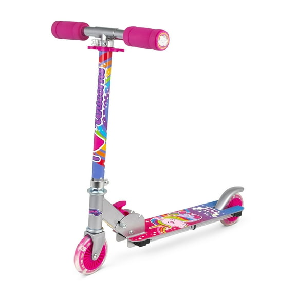 Ozbozz: Flashing Scooter - Unicorn Magical Sparkles - Light-Up Wheels-Deck, Adjustable Height, 2 Wheel Outdoor Ride-On, Foldable, 100lb Limit, Kids 5 