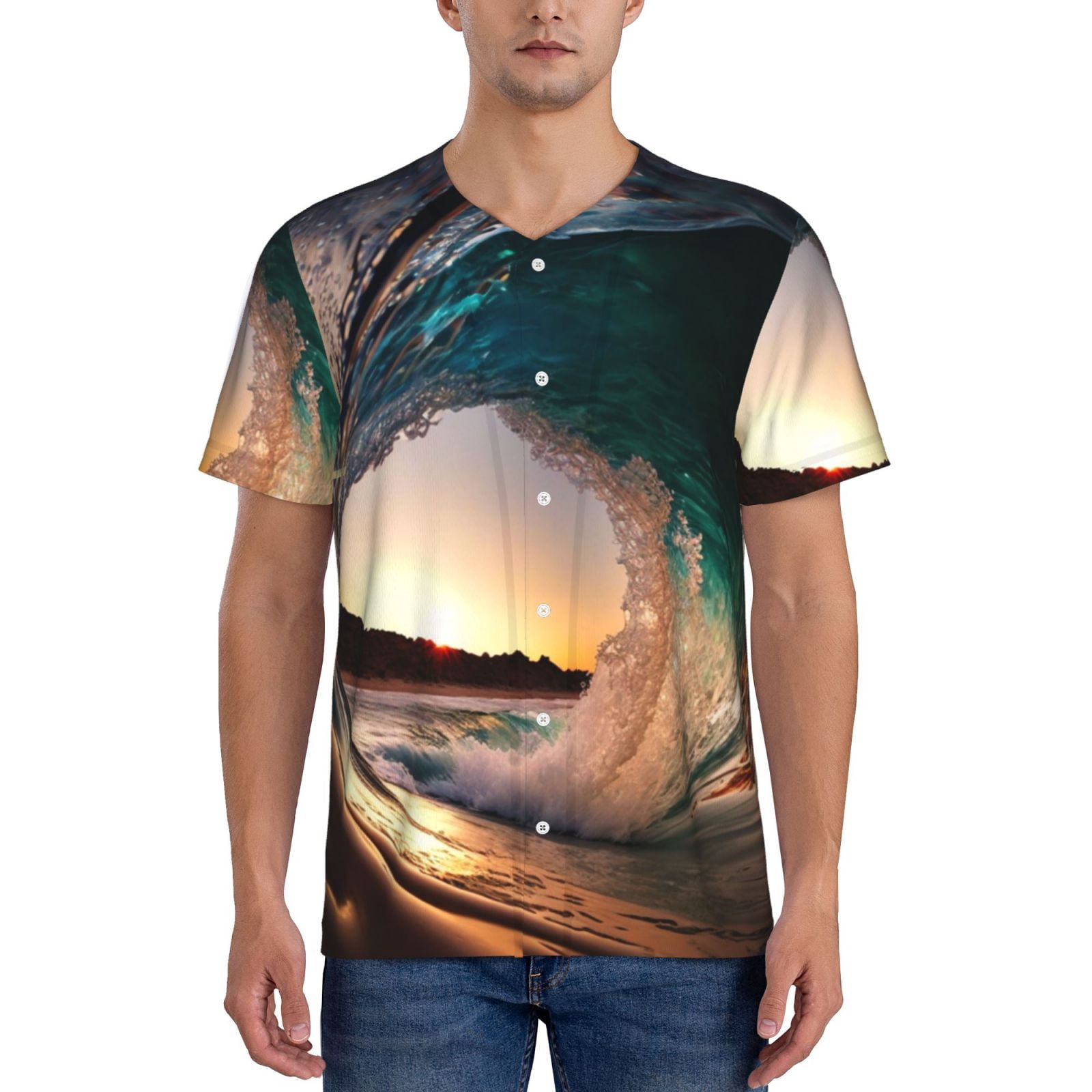 Mens Graphic Baseball T Shirt Short Sleeve Summer Casual Tee Top Jersey, Wave Inside Hollow Morning Surf