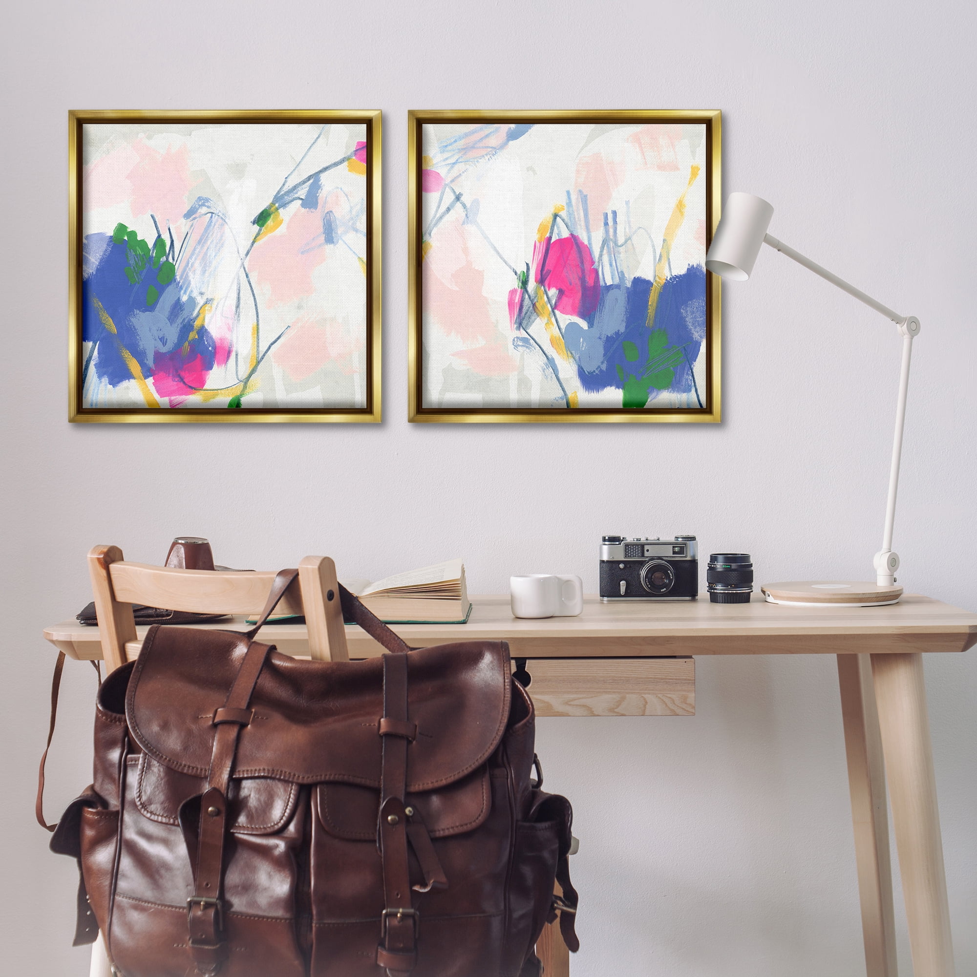 Stupell Industries Pink Blue Pop Abstract Abstract Painting Gold Floater Framed Canvas Art Print Wall Art, 25 x 25, Set of 2