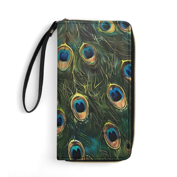 Womens Wallet Bifold Ladies Cluth Bag Wristlet Wrist Strap Long Purse Peacock Design