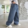 thumbnail image 5 of WUANDIXFA Boys Baggy Jeans for Kids Teen Casual Straight Wide Leg Cargo Jeans Y2K Summer Loose Elastic Waist Denim Pants with Pockets (Light Blue, 13-14 Years), 5 of 7