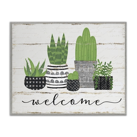 Stupell Industries Bohemian Welcome Cacti Succulents Wood Textured Design Gray Framed Giclee Art, 20 x 16, by Jennifer Pugh