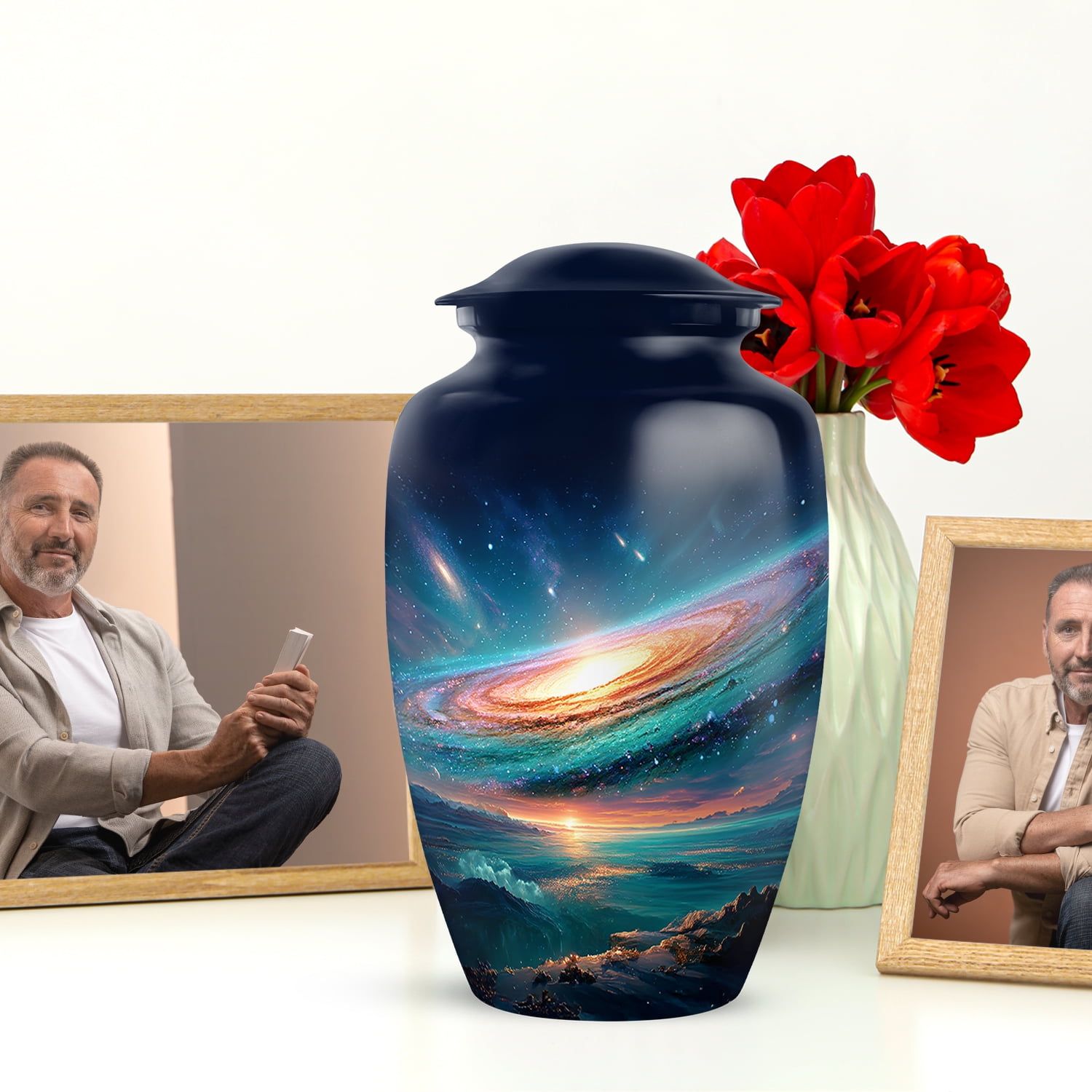 JAGASY Green Galaxy Combo Urn Set of 5, Dark Blue Small Urns for Human Ashes Keepsake, Galaxy Nebula Decorative Urns for Daughter, Cosmic Memorial Cremation Urn for Son, (1 Large, 10" & 4 Small, 3")