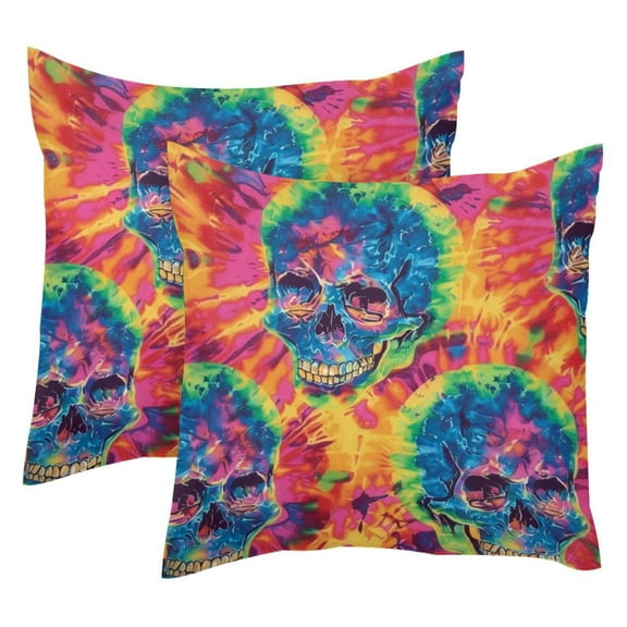 2 Pack Throw Pillow Covers Skull Tie Dye Pattern Decorative Pillow Cases Home Decor Square 18x18 Inches Pillowcases