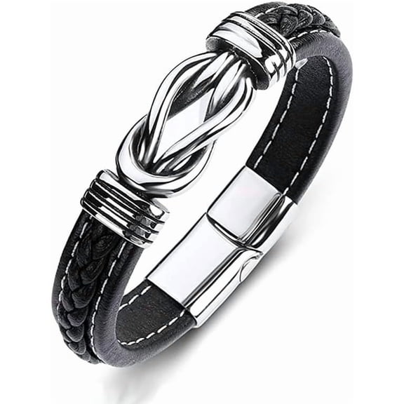Love You Forever Braided Leather Knot Bracelet Stainless Steel Closure Leather Infinity Knot Cuff Wristband Fashion Bracelet Gifts for Men Jewelry-A