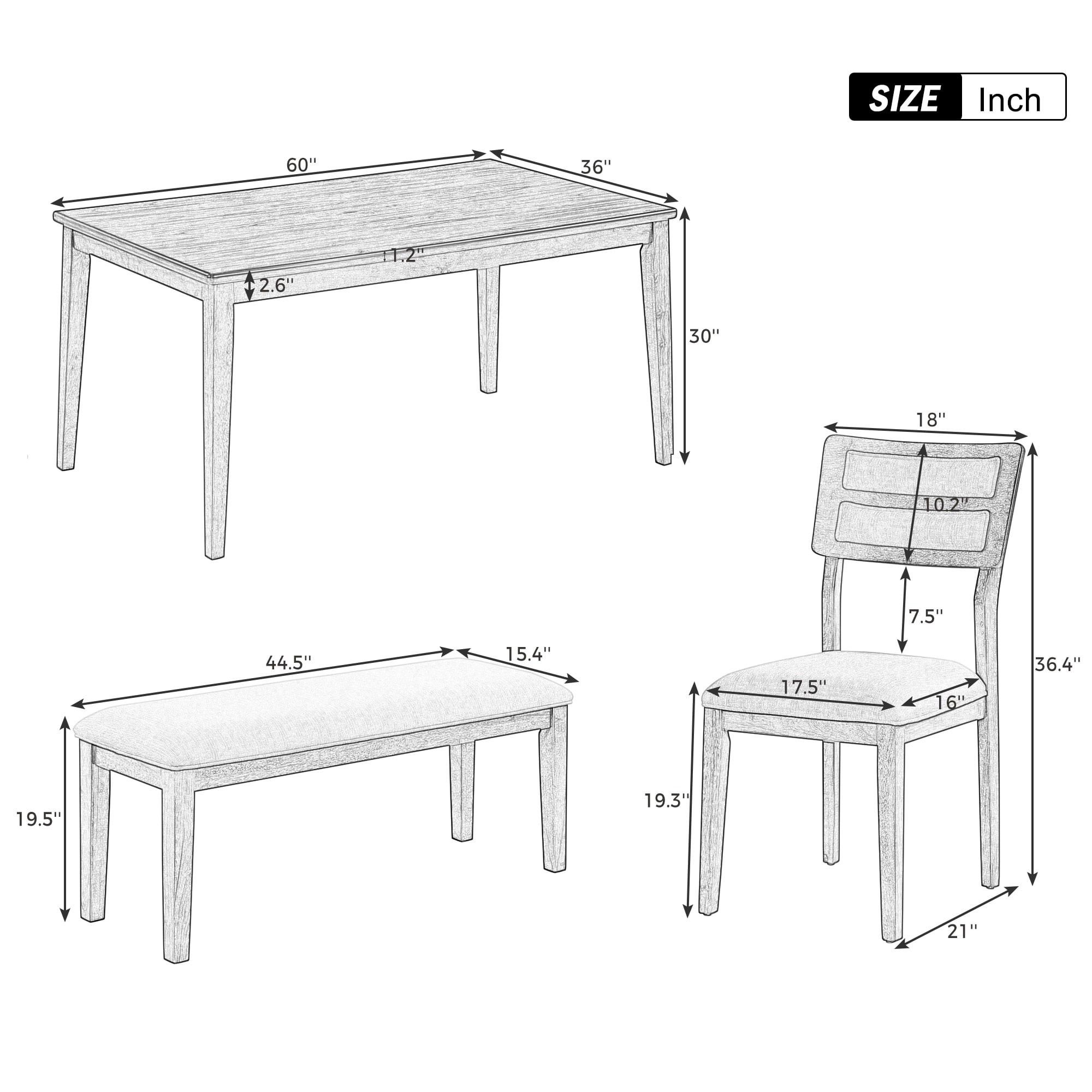 Howcool Classic Traditional 6-Piece Dining Set, Table, 4 Upholstered Chairs & Bench, White + Gray