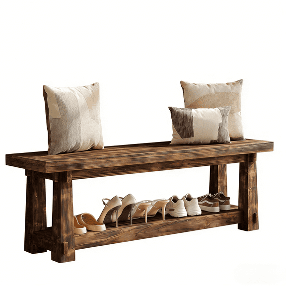 Fnova 55 Inch Solid Fir Wood Entryway Bench, Rustic Shoe Bench with Open Storage Shelf for Entryway Mudroom Bedroom Dining Room Hallway