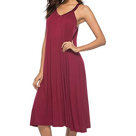 Fymall - Women's Sleeveless Long Nightgown V Neck Thin Shoulder Strap ...
