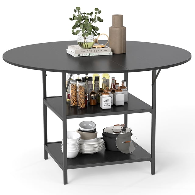Gymax 47'' Round Dining Table for w/2-Tier Storage Shelves & Heavy-Duty Metal Frame Black