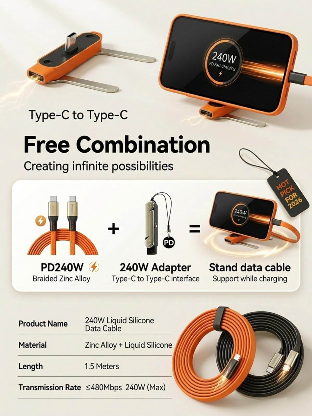 Detachable 240w Super Fast Charging 2-in-1 Charging Cable with Phone Charger Invisible Stand Flat Phone Charger Type-C 90 Degree 240w Stand Data Cable Right Angle Sideways