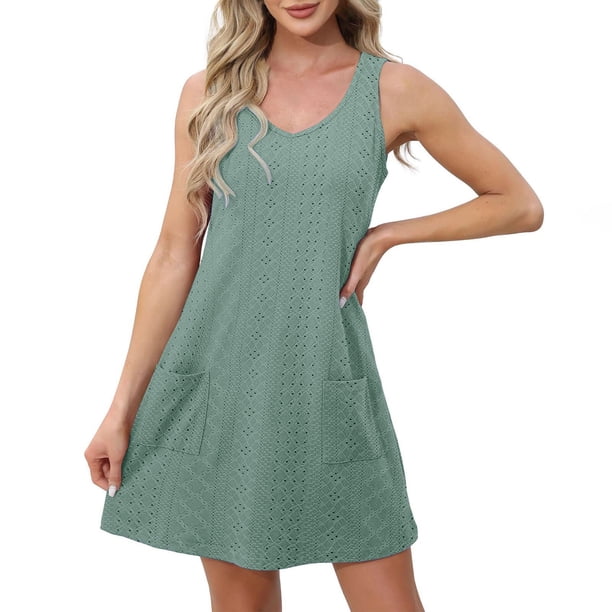 Vestido sin mangas con cuello en V para mujer, estilo informal y holgado con bolsillos, tejido de poliéster, tallas S-XXL, para playa/fiesta