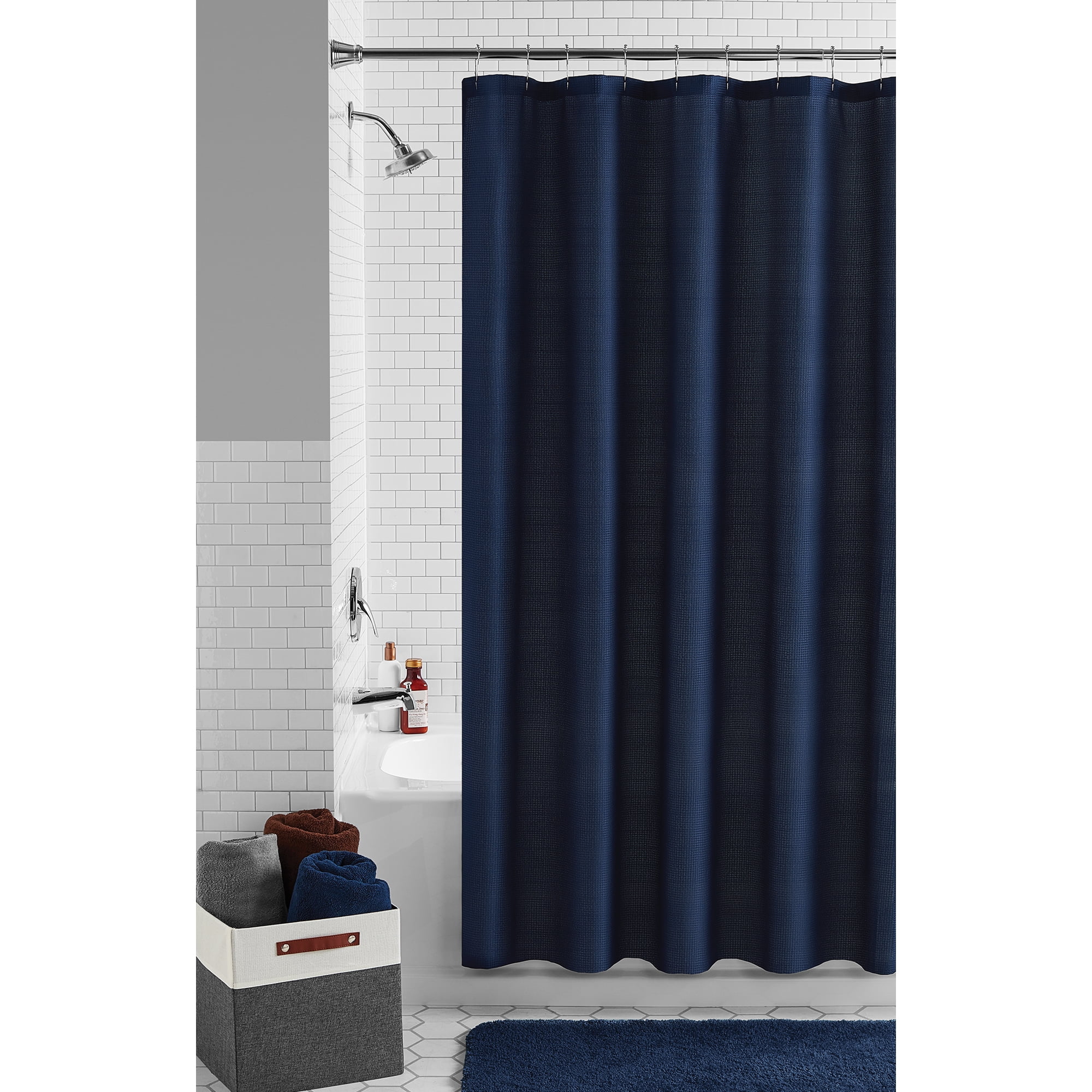 72/79"Bath Fabric Shower Curtain+Mat Rug+12pc Hook-Blue Water Sunshine 4082 