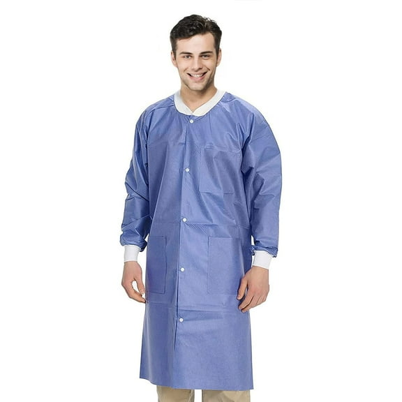 Disposable Lab Coats for Adults, Medium. Pack of 10 Blueberry SMS Knee Length Lab Coat Disposable. 45 GSM Disposable Coats Medical. Painting Lab Coat with Cuffs, Knit Collar, and 3 Pockets