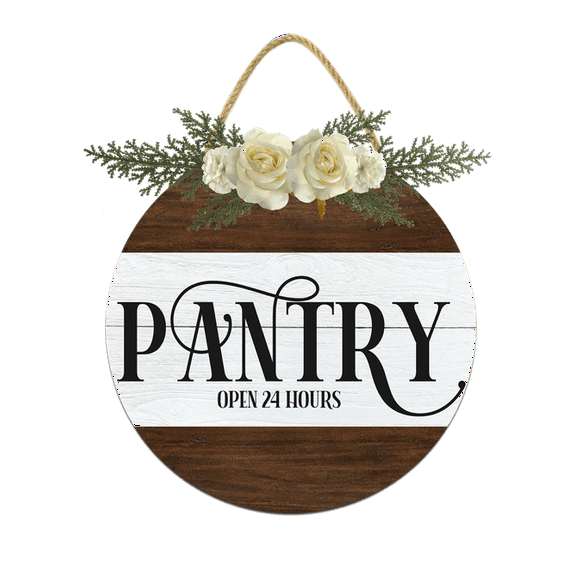 Eveokoki Pantry Open 24 Hours Door Sign Home Decor Round Wood Wreaths Wall Hanging Sign Farmhouse Porch Signs Front Door Decoration for Housewarming Gift All Seasons Holiday,12In