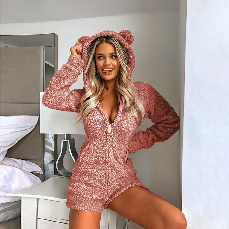 Czhjs for Ladies Plus Size Tops Womens Fall Fashion Sherpa Romper Fleece Onesie Pyjamas Jumpsuits Zipper Bunny Hoodis Suit Pullover Cotton Lien Solid