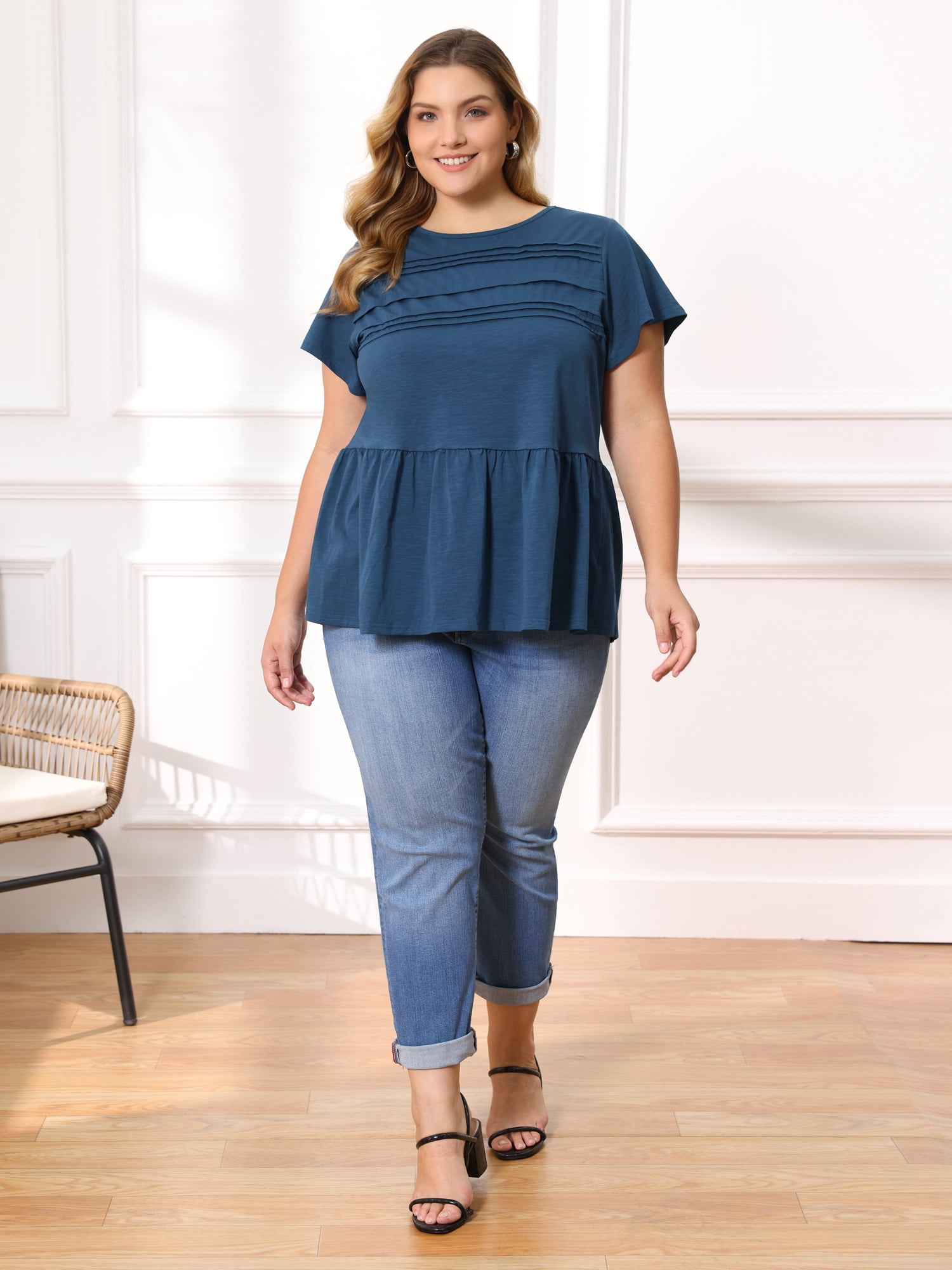 DARING DIVA Women's Plus Babydoll Blouse Trendy Flowy Peplum Tops 2X Dark Blue