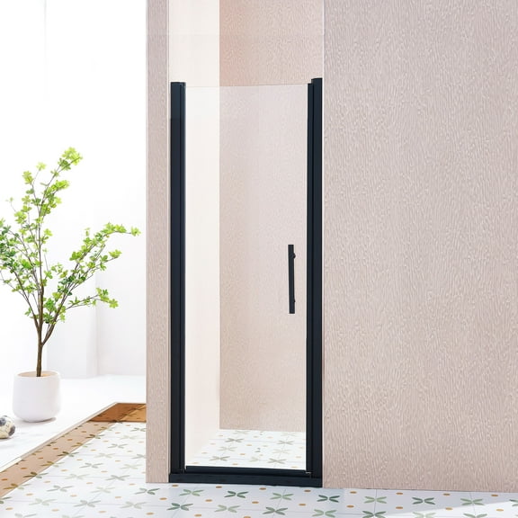 "26-27.5"W x 68"H Matte Black Pivot Single Swing Shower Door - Aluminum Alloy with 1/4" (6mm) SGCC Tempered Clear Glass"