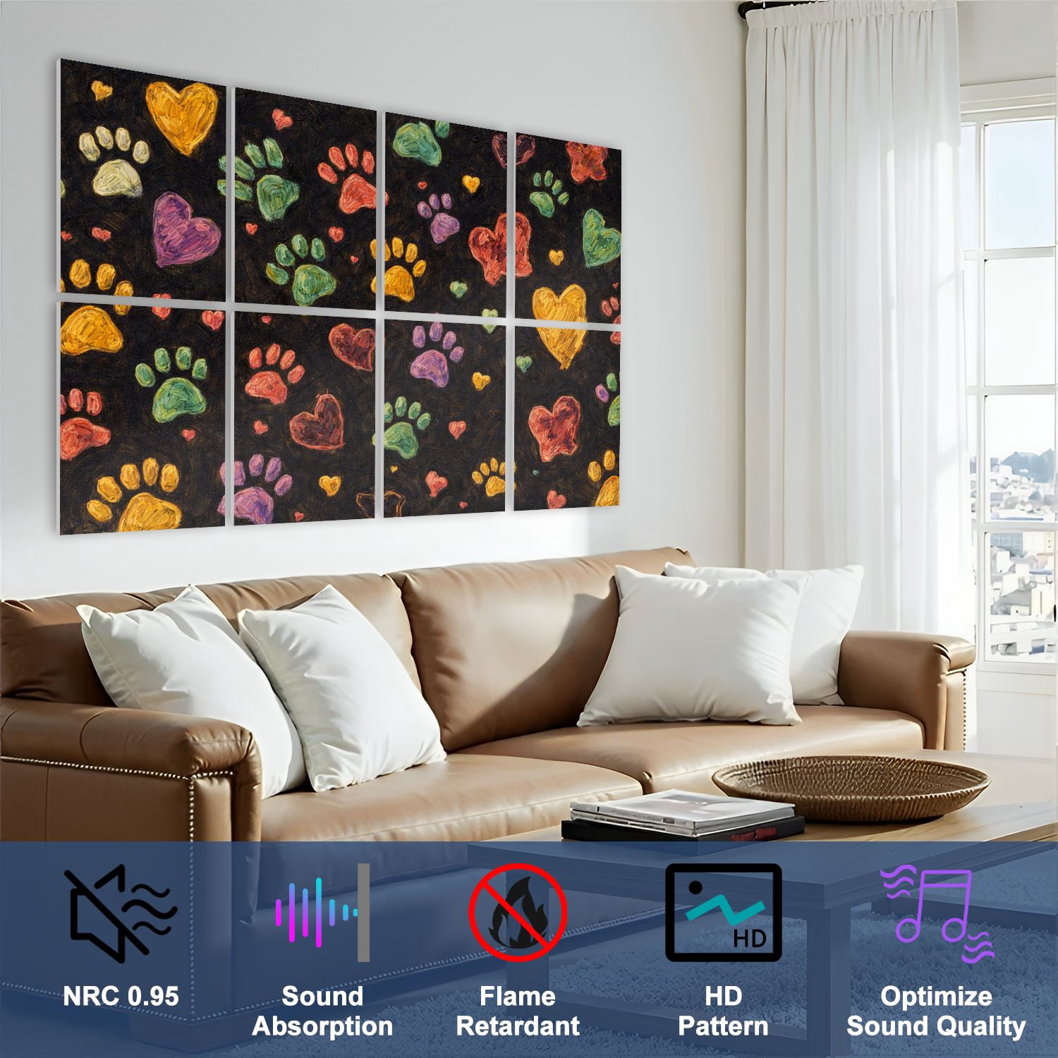 Rustic Farmhouse 8 Pack Art Acoustic Panels Sound Absorbing Colorful doodle paw fabric black Decorative Soundproof Wall Panels Self Adhesive for Nursery Game Room Bedroom 48"x32"