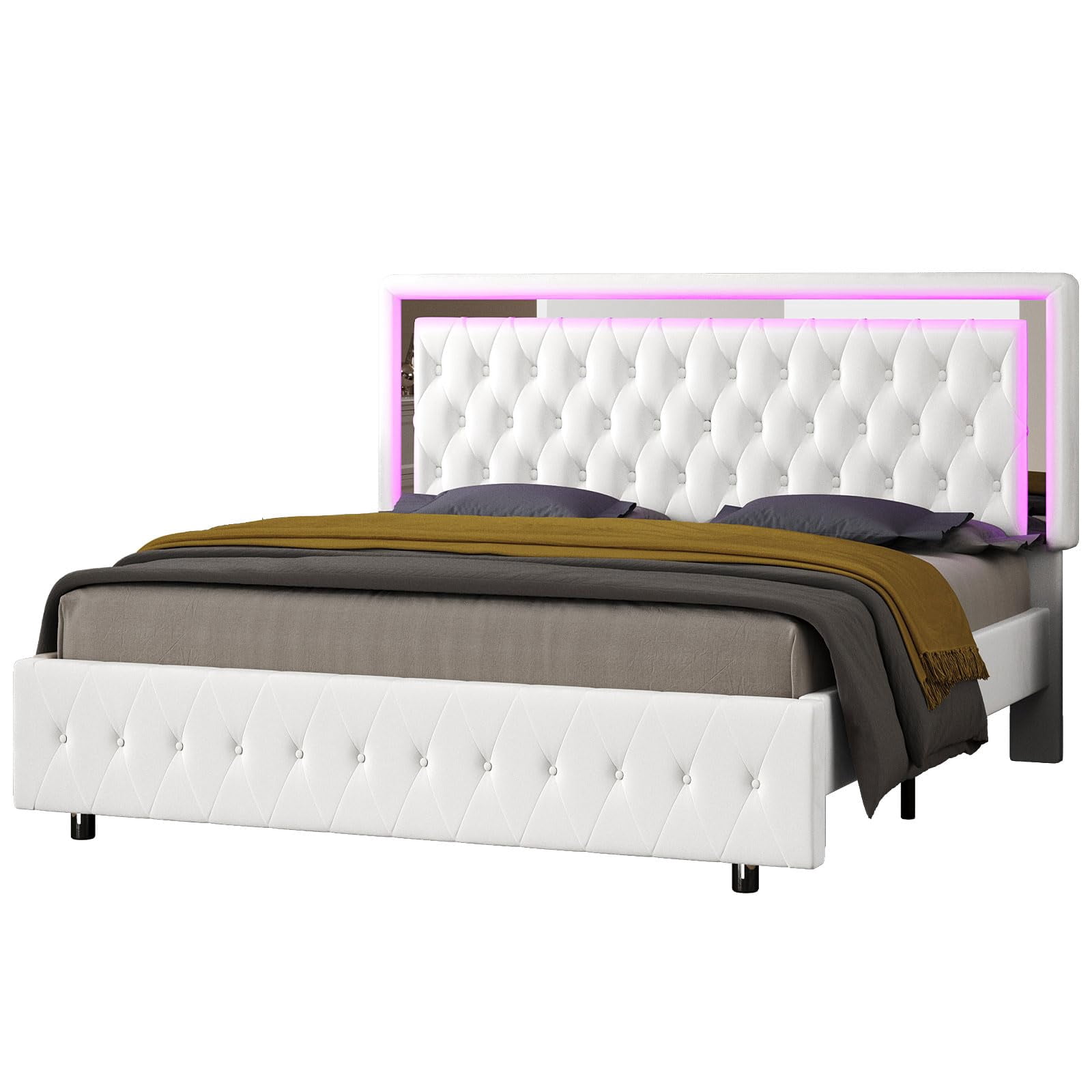 Merluxy Velvet Upholstered Bed Frame with LED Lights Headboard/No Box Spring Needed,Full,White