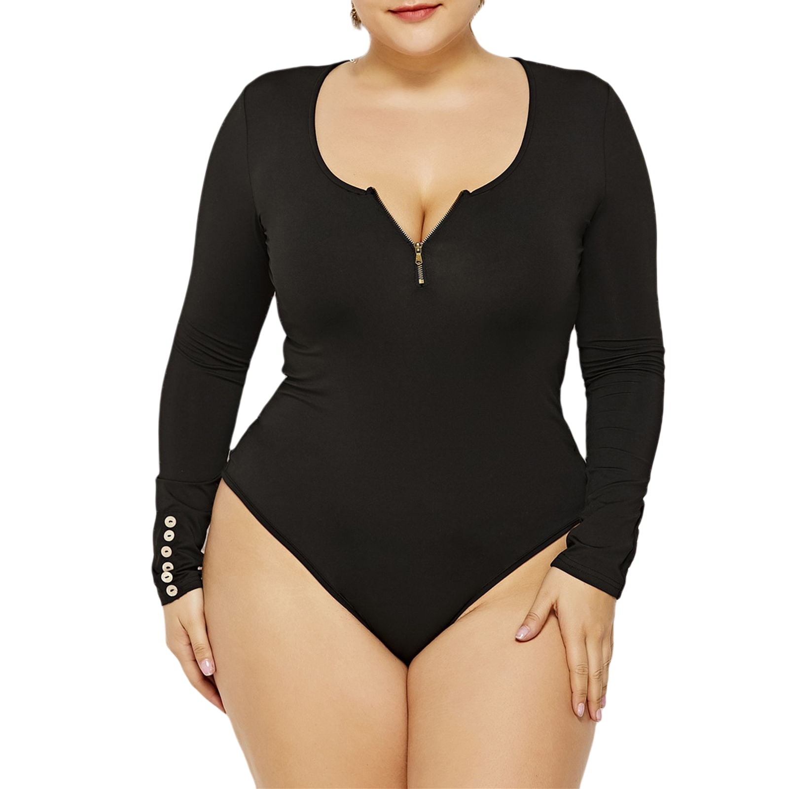 COUTEXYI Women´s Plus Size Bodysuits, Zip Round Neck Long Sleeve Basic  Shirt Leotards Jumpsuits 