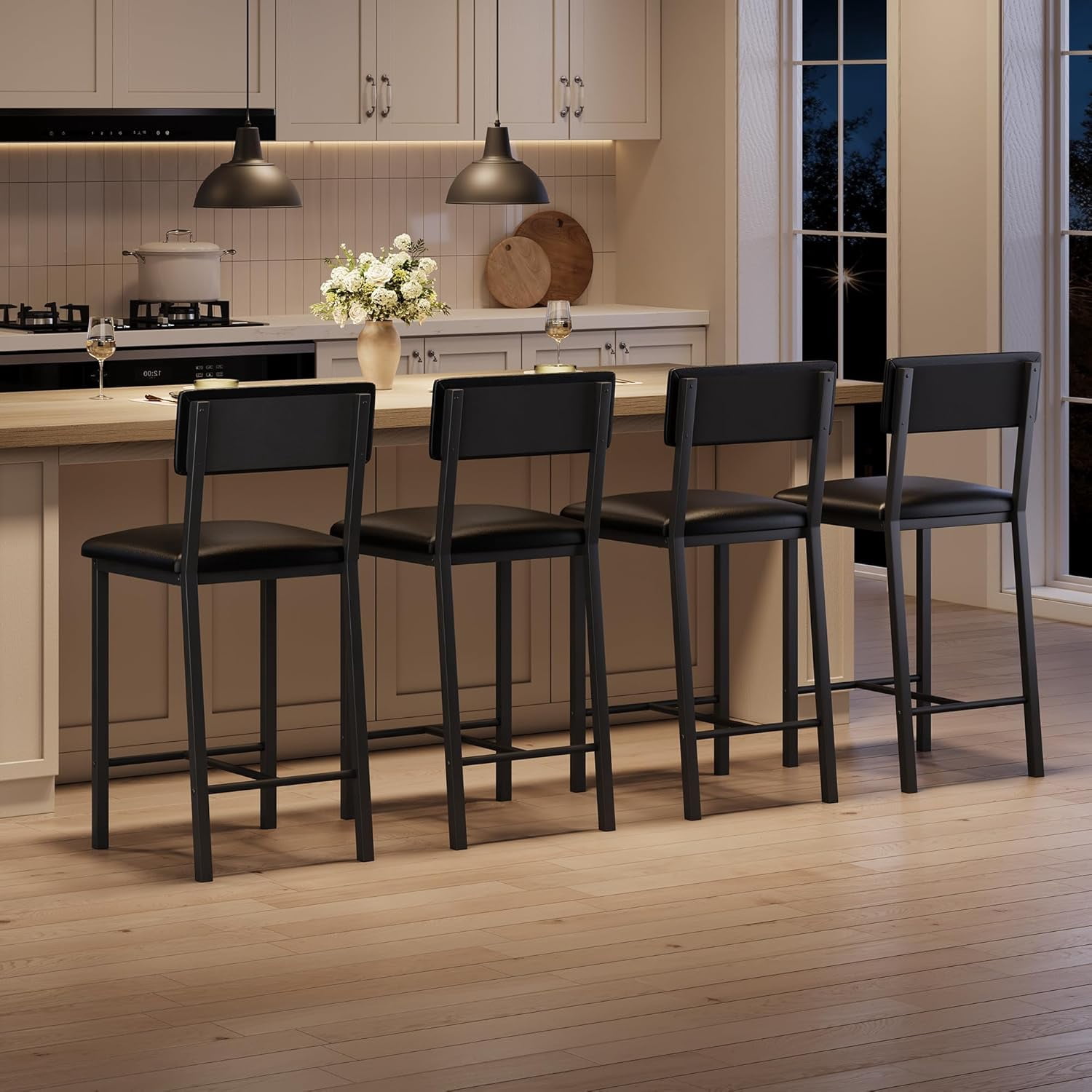 Bar Stools,25 Inch Counter Height Bar Stools Set of 4,Modern Faux Leather High Barstools with Footrest,Back and Metal Leg,Bar Chairs for Kitchen Island,Bar
