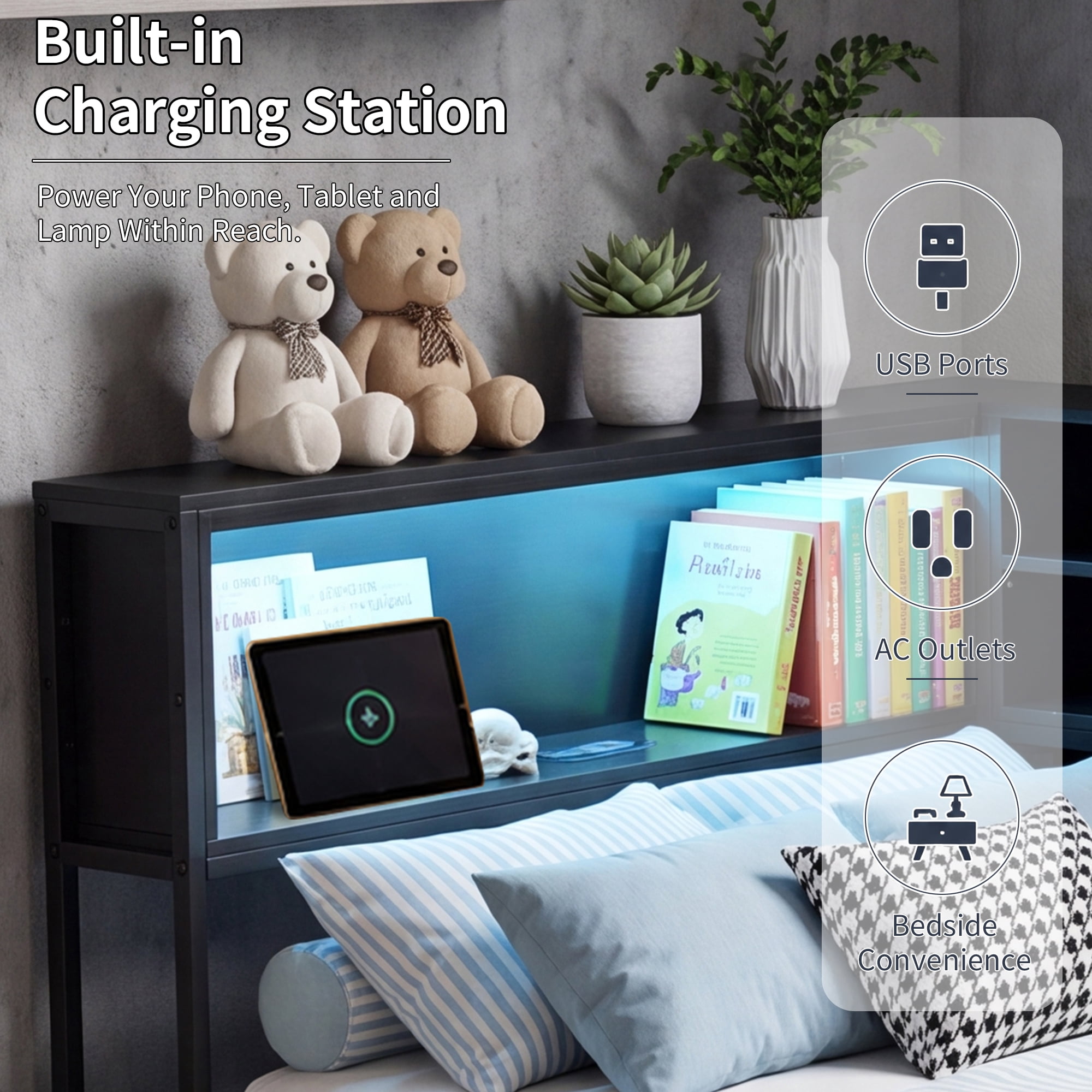 Miniyam Full Daybed with 2 Storage Drawers, LED Lights & Charging Station, Black