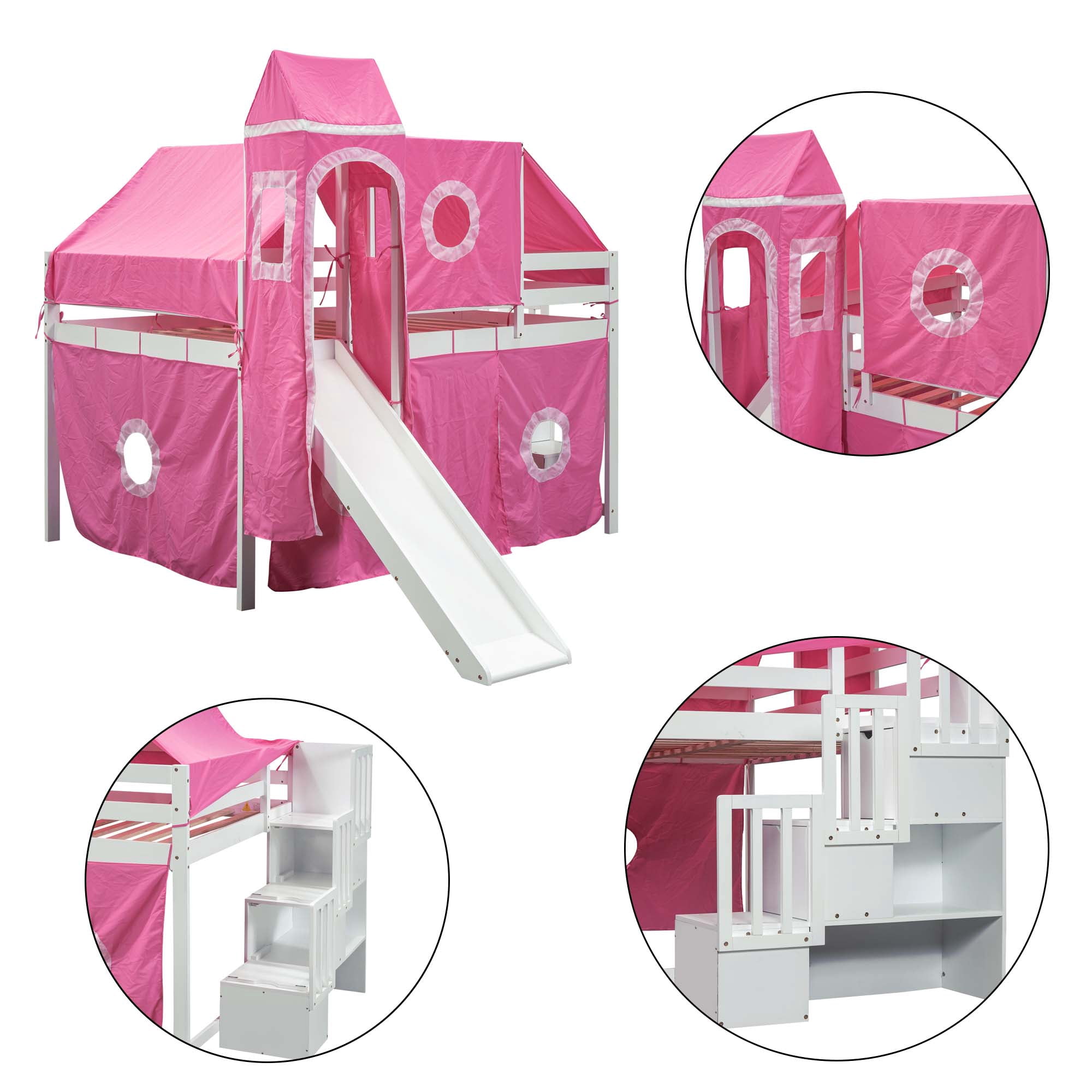 Aukfa Full Size Loft Bed with Slide - Princess Castle Bed with Stairway Tent Tower for Kids Girls - Pink