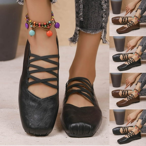Hinvhai Square Toe Mary Jane Ballet Flats for Women Vintage Strappy Crisscross Ankle Strap Comfortable Walking Shoes office Work Brown 7.5(40)