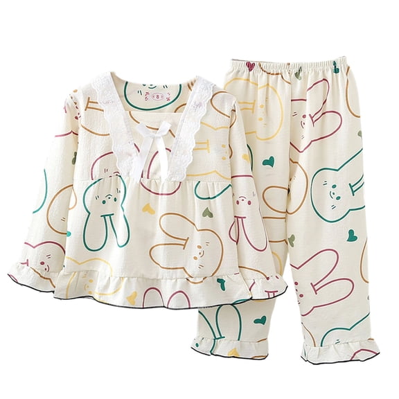 WOYY Pajama Sets for Girls Cute Bunny Ruffle Long Sleeved Top Pants Sleepwear, Sizes 3-14