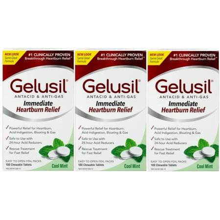Gelusil Antacid/Anti-Gas Tablets Cool Mint, 100 Tablets (Pack of 3)