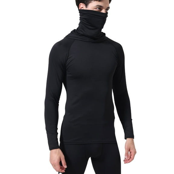 Yuanlong Mens T-Shirts Solid Long Sleeve High Neck With Face Mask Thick Slim Tops Winter Layyering Wear Warm Base Shirts